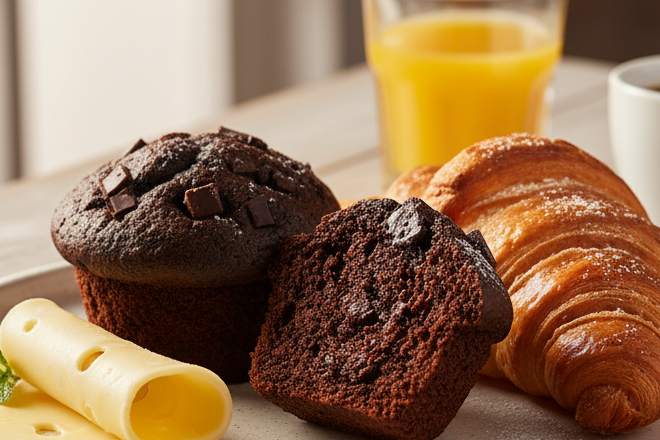 1 dark chocolate muffin, 1 croissant and 1 slice of cheese rolled up 