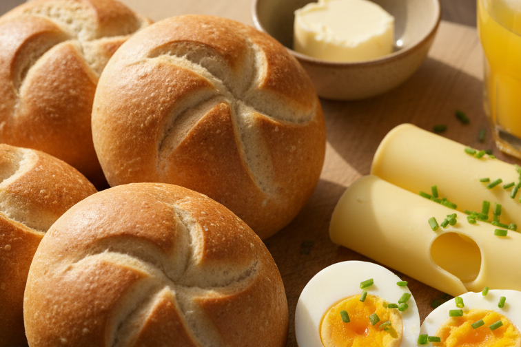 Ontbijt kaiserbroodjes kaas eieren