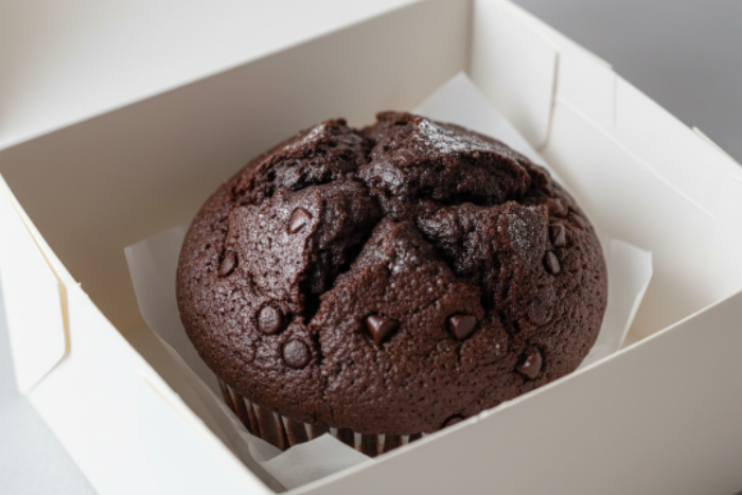 a white box with one dark chocolate muffin